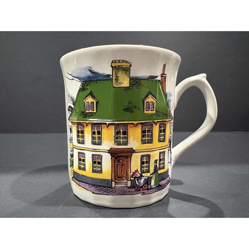Vintage English Town Scene Ceramic Mug Green Roof House Street Design EUC